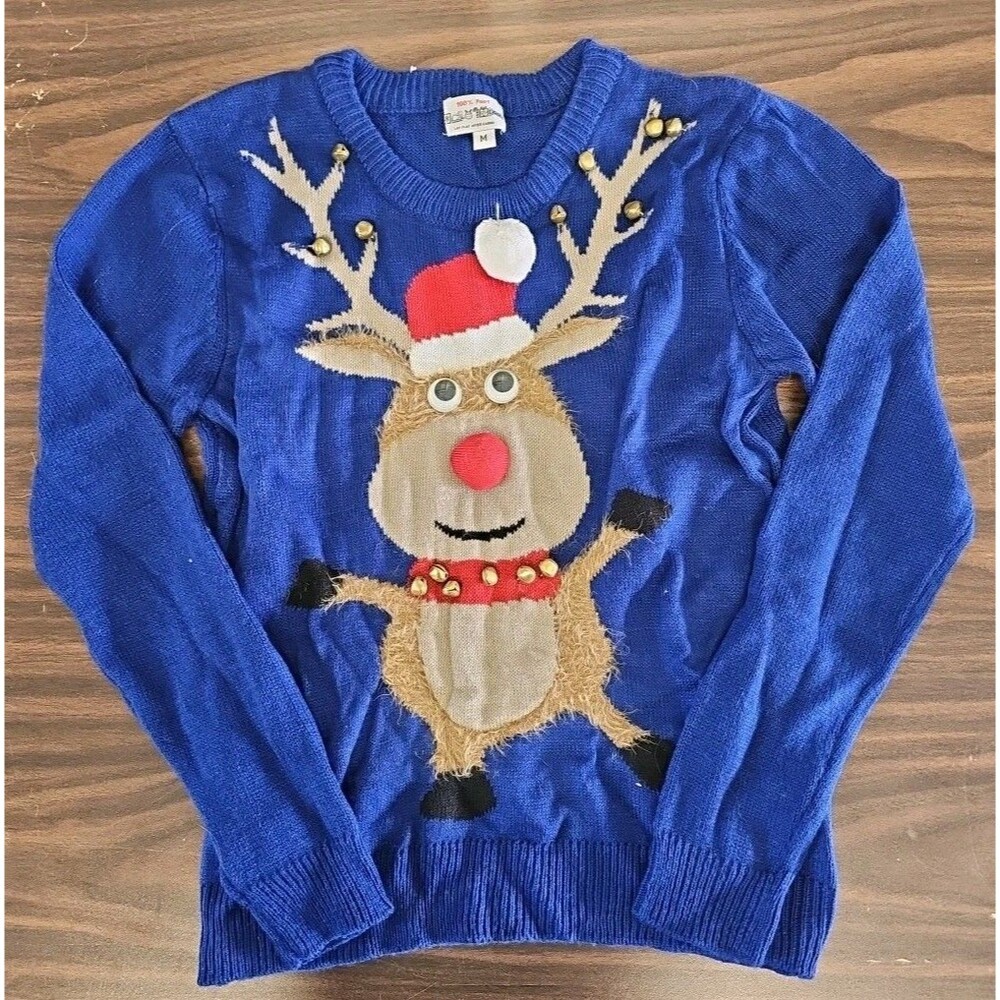 Poof Holiday Reindeer Head Ugly Christmas Sweater Jingle Bells Googly Eyes M